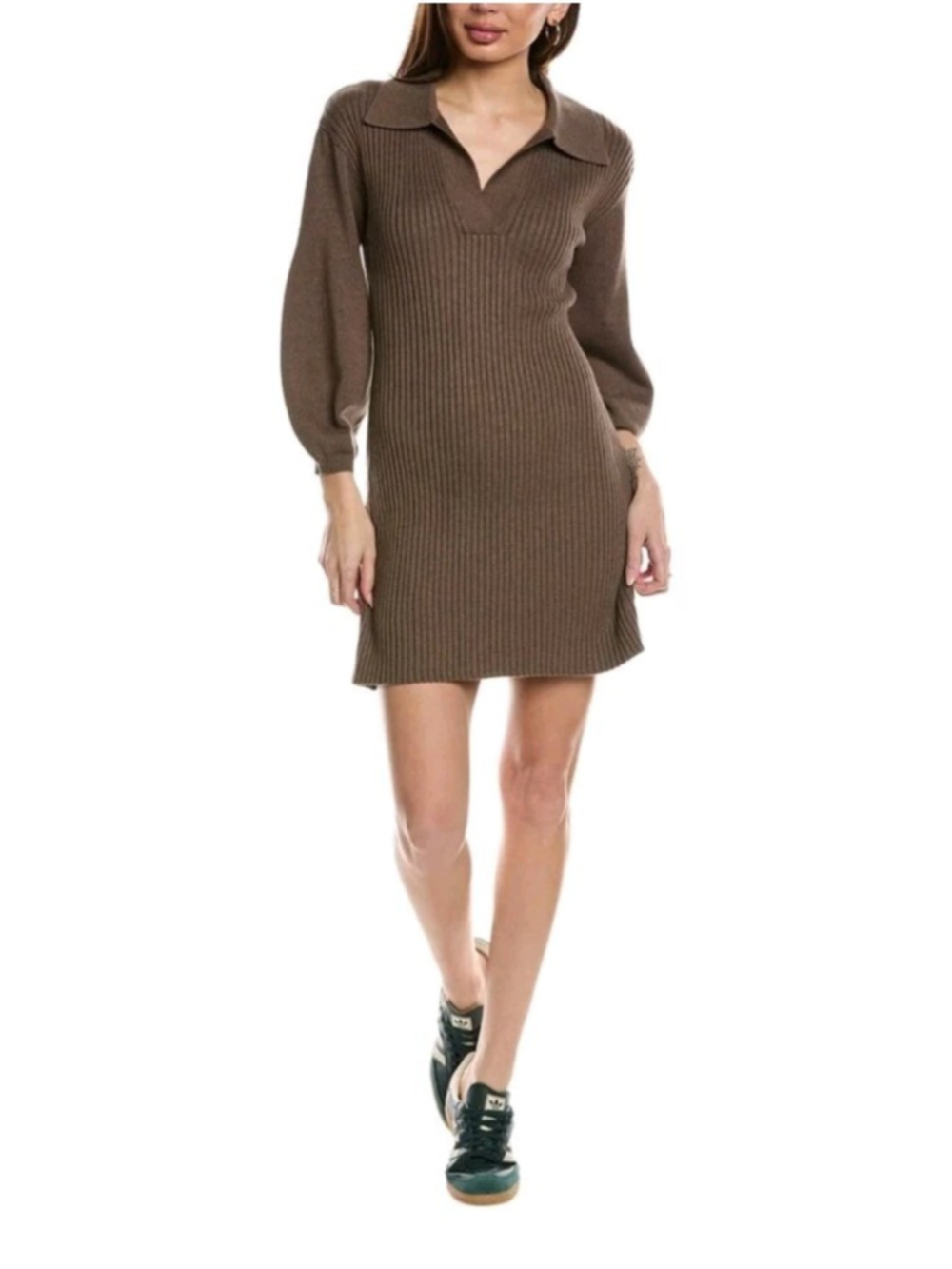 Electric & Rose Brown Ribbed Polo Sweater Dress Long Sleeve Cotton Silk SzM NWOT